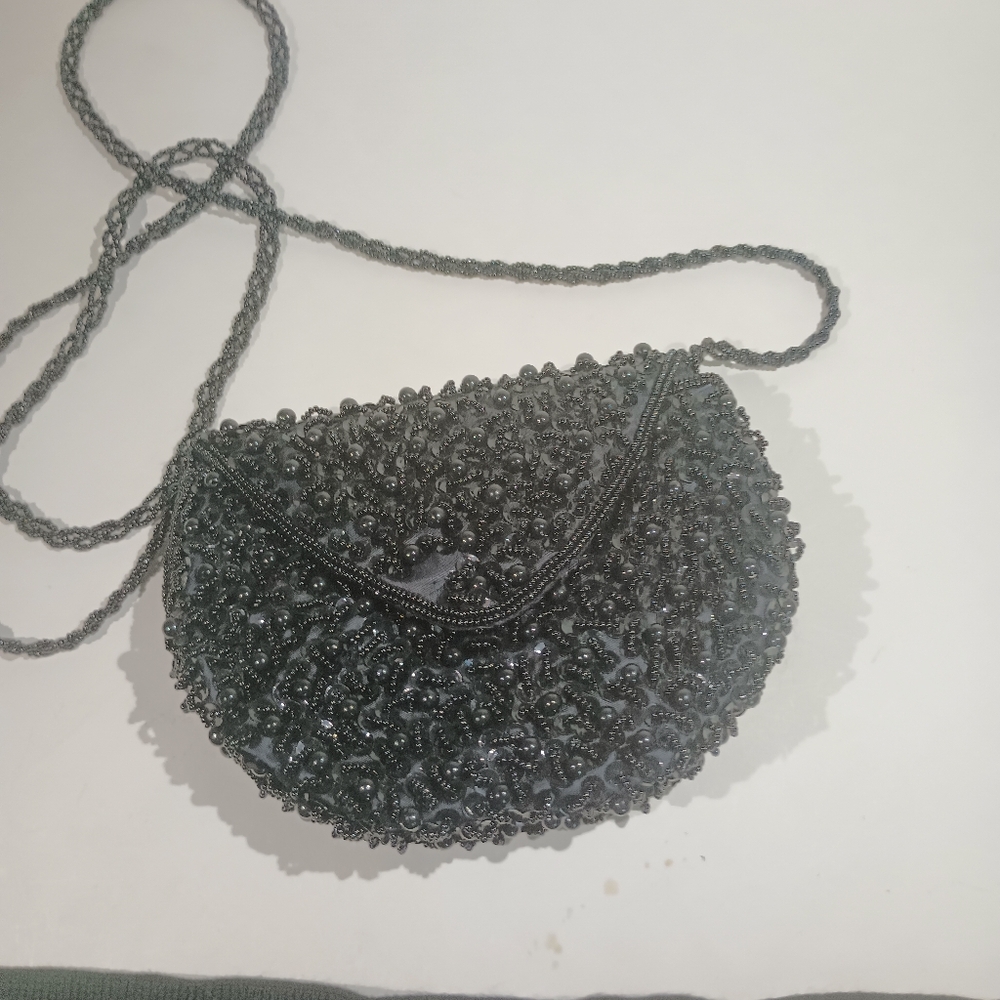 Elegant Black Beaded Oleg Cassini Evening Bag 7" Wide 5" Tall.